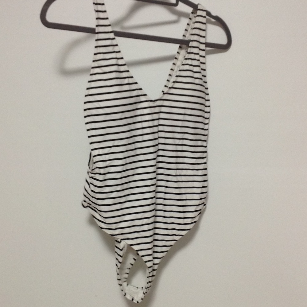 High cut black and white stripped one piece